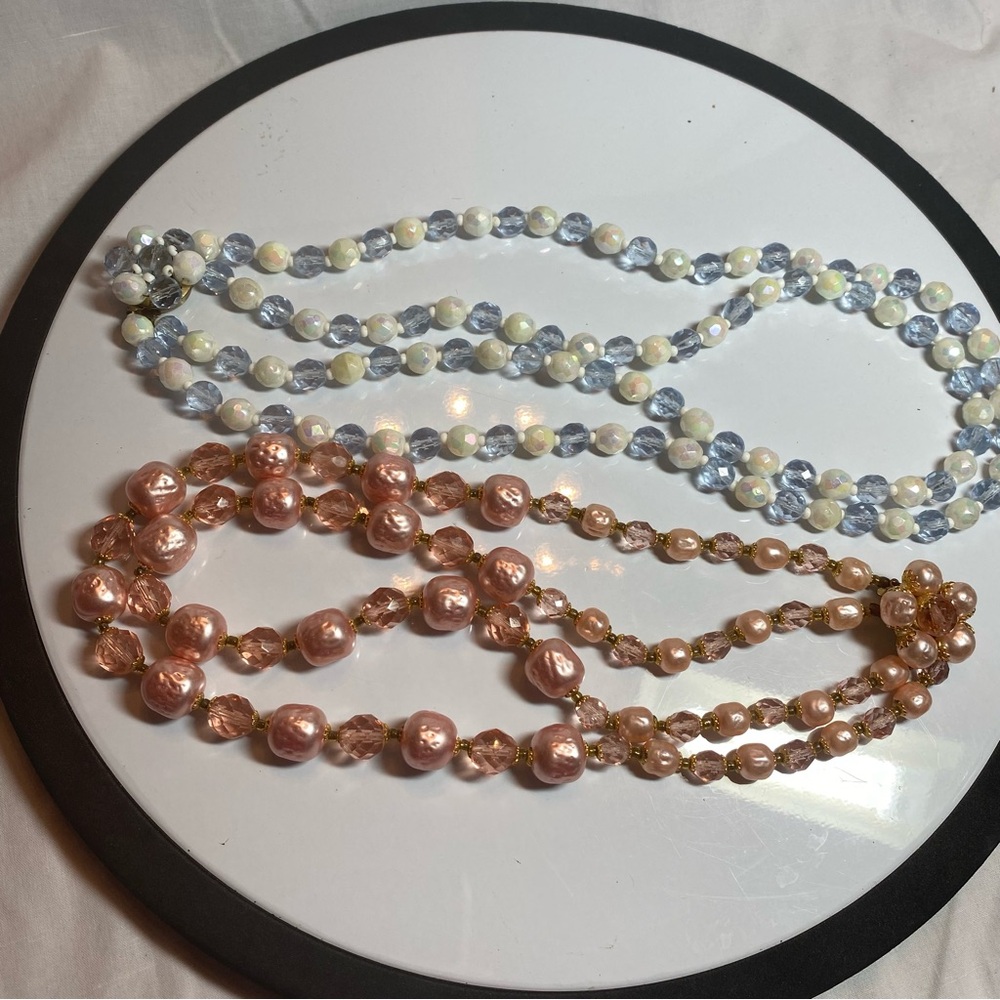 Vintage lot of 2 pink and blue beaded necklaces.